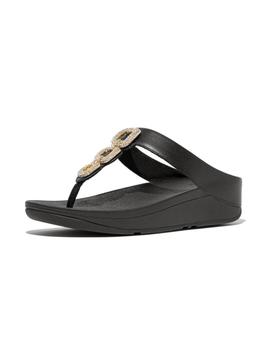 Sandalias FitFlop Fino Crystal Chain Leather Mujer Negro